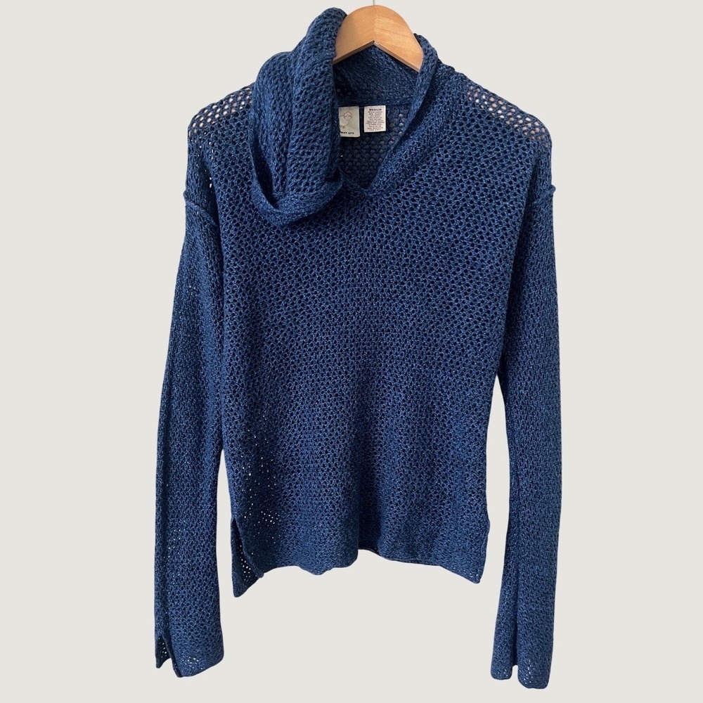 Next Era Blue Open Knit Ramie Wool Blend Hooded Sweater Womens Medium beachy